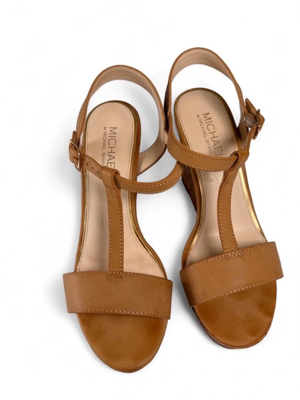 Michael Shannon Tan Cork Wedge T-Strap Sandals